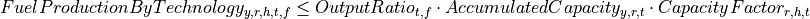 FuelProductionByTechnology_{y,r,h,t,f}
\leq OutputRatio_{t,f} \cdot AccumulatedCapacity_{y,r,t} \cdot CapacityFactor_{r,h,t}