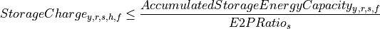 StorageCharge_{y,r,s,h,f} \leq \frac{AccumulatedStorageEnergyCapacity_{y,r,s,f}}{E2PRatio_s}