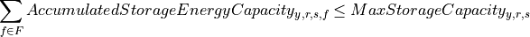 \sum_{f \in F} AccumulatedStorageEnergyCapacity_{y,r,s,f} \leq MaxStorageCapacity_{y,r,s}