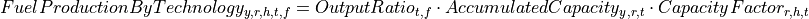FuelProductionByTechnology_{y,r,h,t,f}
= OutputRatio_{t,f} \cdot AccumulatedCapacity_{y,r,t} \cdot CapacityFactor_{r,h,t}