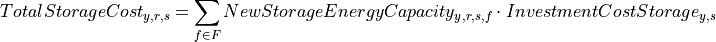 TotalStorageCost_{y,r,s} = \sum_{f \in F} NewStorageEnergyCapacity_{y,r,s,f} \cdot InvestmentCostStorage_{y,s}
